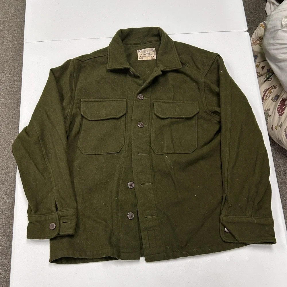 Polo Ralph Lauren Wool Shirt Jacket Mens Olive Green Good Heavyweight Utility
